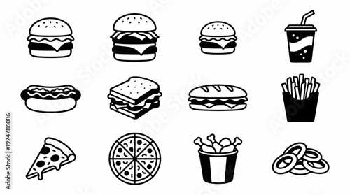 A set of simple black and white food icons including burgers, fries, and pizza slices