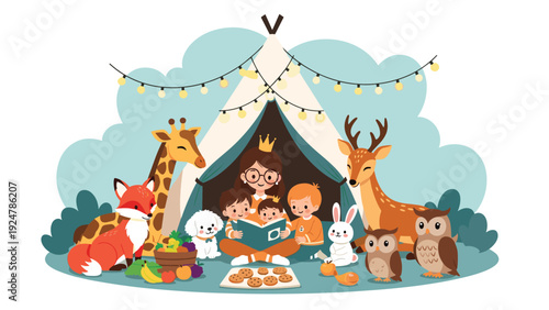 Young children and their teacher enjoy a magical storybook inside a tent surrounded by friendly forest animals.