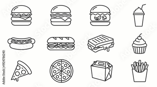 Food icon set including burgers, pizza, and drinks in a simple line art style