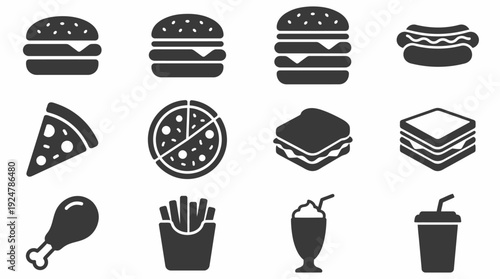A monochrome icon set featuring various fast food items including burgers, pizza, and beverages in a simple design.