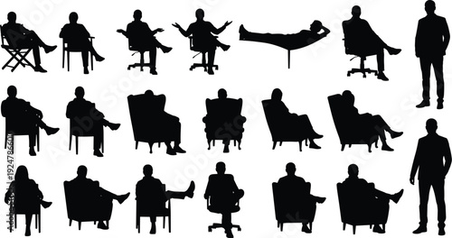 Silhouette collection of professional men and women sitting in various office chairs armchairs and standing in suits for business design