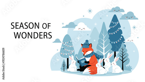Wise fox wearing a scarf and hat reads a book to a group of attentive white rabbits in a snowy winter forest.