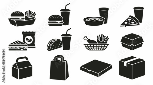A diverse icon set featuring fast food items and packaging in a clean and simple design