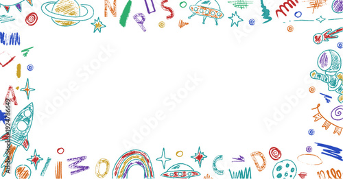 Whimsical hand drawn frame with rockets, whales and stars. Frame crayon kindergarten style suitable for kids photo frames, story templates, school graphics and playful backgrounds.