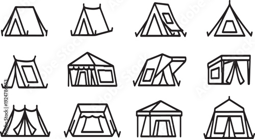 A diverse collection of various tent designs and structures for camping Vector