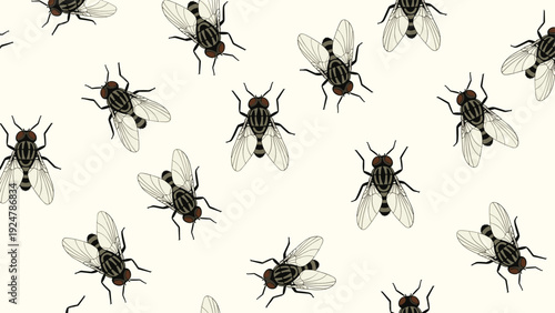 Seamless pattern featuring a large number of detailed house flies scattered across a neutral cream colored background.