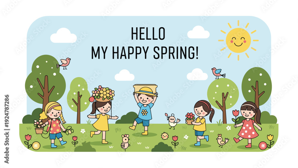 Obraz premium Group of cheerful children busy gardening and picking flowers in a sun-drenched spring meadow with birds singing.