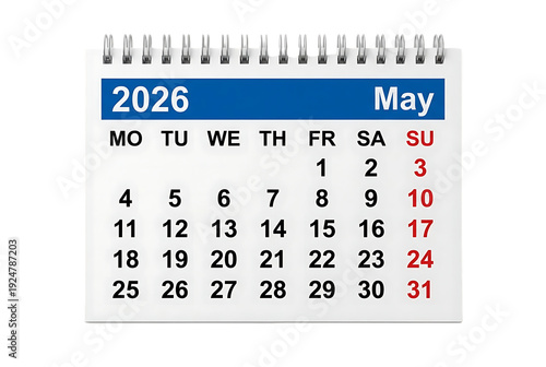 May 2026 calendar planner showing days of week from monday to sunday in clear professional layout for spring season organization and holiday scheduling on transparent background