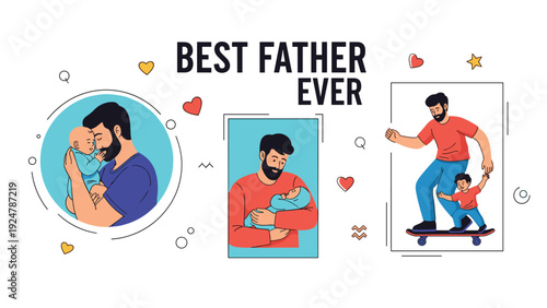 Collection of heartwarming scenes showing a father holding his baby and teaching his young son how to skateboard.