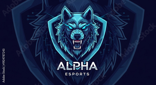 Glowing blue wolf head logo on shield with alpha esports text dark background neon effect competitive gaming symbol