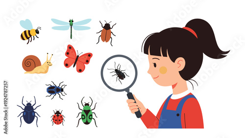 Young girl explores nature by examining various colorful insects like butterflies and beetles through a magnifying glass.