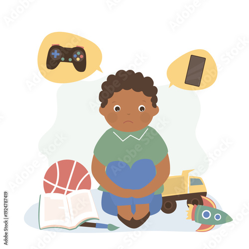 Unhappy boy not playing with various toys and dreaming about joystick or mobile phone. Game and social media addiction, gadgets in speech bubble. Addicted video gamer child.