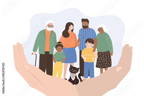 Big multiethnic family standing on giant hands. People stand side by side and hug each other. Grandparents, parents and cute kids. Friendship, happiness and family values.