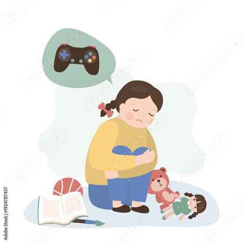 Unhappy girl not playing with various toys and dreaming about joystick. Game addiction, gamepad in speech bubble. Addicted video gamer child.