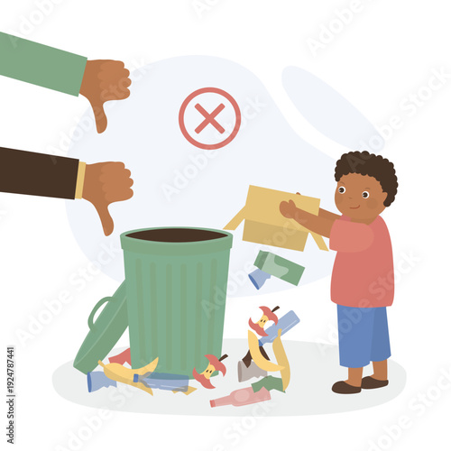 Bully boy littering. Bad habit. Child throws trash on the floor instead of in trash can. People show signs of dislike, condemnation, negative behavior.