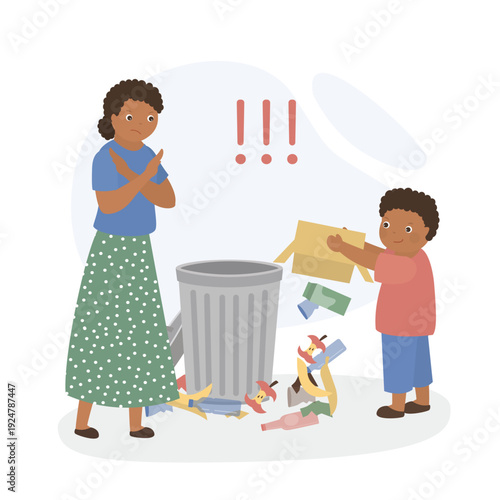 Bully boy littering. Bad habit. Child throws trash on the floor instead of in trash can. Mom encourages child to stop littering and condemnation negative behavior.