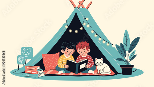 Two young brothers sit together inside a cozy tent reading a storybook by the light of a string of glowing lamps.