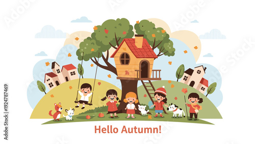 Happy children play on a swing and run around a cozy wooden treehouse in an autumn landscape filled with falling leaves.