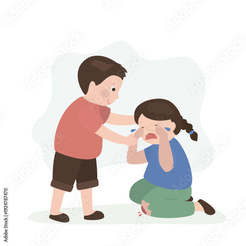 Unhappy girl fell and scraped her knee. Pain, fear, an upset child. A boy feels sorry for and hugs the girl. Pity, empathy, relationships, friendship.