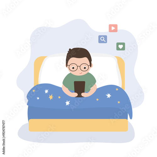 Addicted social media child. Boy using smartphone before sleep. Cute kid distracted by device and not focusing on sleeping. Issues of technology distraction during bedtime.