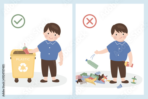 Proper waste disposal versus careless littering, demonstrating environmental responsibility. Infographic on proper waste management and mistaken practice of littering.