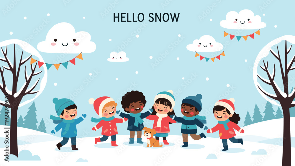 Naklejka premium Happy group of diverse children playing and dancing in a snowy winter landscape with a cute dog and fluffy clouds.