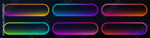 Rounded neon buttons with bright border, gradient glow and clean stroke. Perfect for neon action call labels, buy banners, website UI kits and mobile app interface design.
