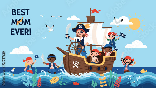 Strong pirate mother captaining a wooden ship at sea surrounded by her happy children dressed as a pirate crew group.