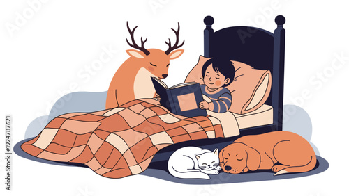 Little boy reading a storybook in bed while a deer, dog, and cat rest peacefully beside him in a cozy bedroom scene.