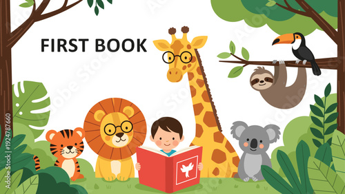 Young boy reading a book in the jungle surrounded by friendly wild animals like a lion, giraffe, and orange tiger.