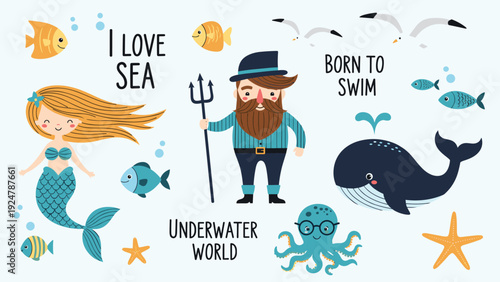 Collection of sea characters including a mermaid, king of the ocean, whale, octopus, and various tropical fishes.