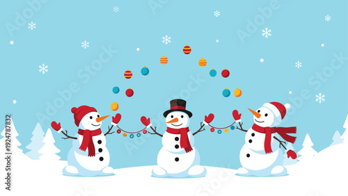 Three happy snowmen juggling colorful Christmas baubles in a snowy forest landscape under a bright blue winter sky.