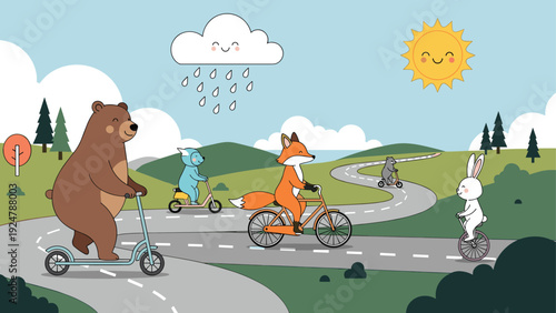 Friendly bear, fox, and rabbit riding bikes, scooters, and a unicycle along a winding road in the green countryside.