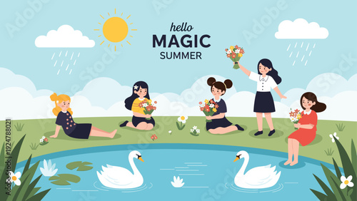 Group of young girls enjoying a peaceful summer day by a blue lake with white swans and beautiful garden flowers.