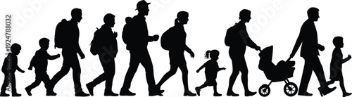 Black silhouette of a large group of people men women and children walking together with a stroller on white background.