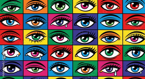 Vibrant colorful eyes with various expressions and makeup on white background