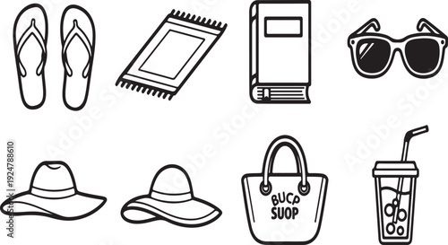 Assorted summer items including footwear, accessories, and beverages. Vector