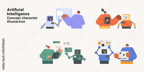 Artificial intelligence character set with human and AI robot collaboration, machine learning and technology interaction. Flat design vector illustration collection for AI concepts.