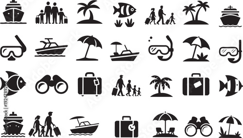 Collection of vacation and travel icons representing leisure activities and destinations.