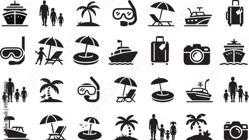 Collection of travel and vacation icons including beach, boat, and family symbols.