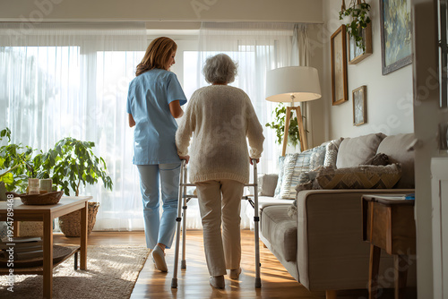 Caregiver assists elderly woman with walker in bright living room during afternoon
