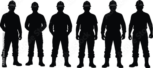 Group of black silhouette construction workers wearing hard hats standing isolated on a white background for industrial vector illustration design.