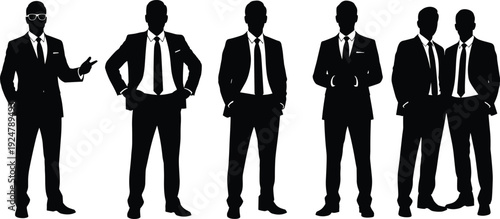 Group of black silhouette businessmen standing in formal suits isolated on a white background for corporate vector illustration graphic design.