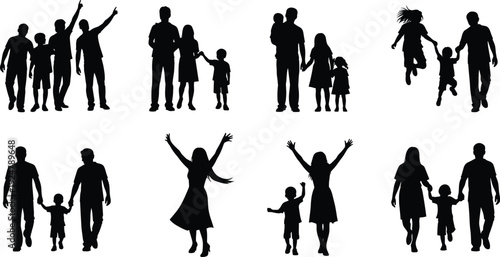 Happy family silhouette collection, parents and children walking, holding hands, jumping, playing together, diverse set of father mother daughter son figures.