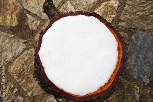 Tree trunk cut with snow on the top.