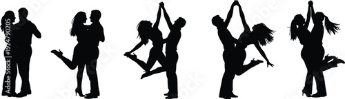 Romantic couple dancing silhouette collection, ballroom dance partners set, salsa and tango performers, loving man and woman in elegant poses.