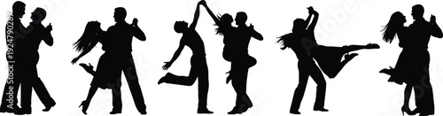 Romantic couple dancing silhouette collection, ballroom dance partners performing salsa and tango, loving man and woman in various elegant poses.