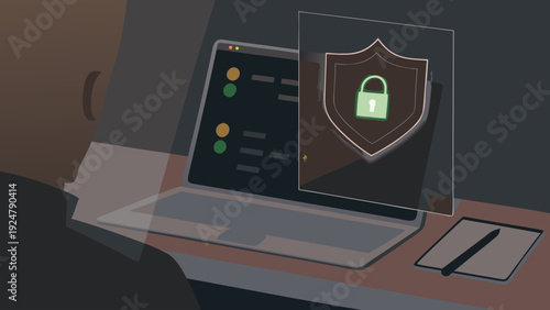 Virtual payment dashboard with secure lock and shield on laptop screen in dark room