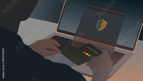 Contactless digital payment with laptop and credit card secure online transaction e commerce concept modern technology