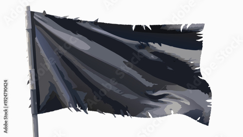 Torn black flag waving on a pole symbolizing protest or mourning with a frayed edge and white background